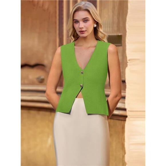 Womens Vest V Neck Button Down Crop Green - Picture 4 of 6